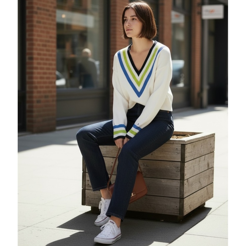 Tommy Hilfiger Rugby Stripe Sweater Boxy V-Neck White Cotton Blend Size Small